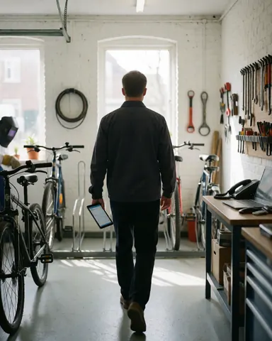 Entraîneur de cyclisme marchant dans un atelier avec une tablette. Murs blancs, outils suspendus, éclairage naturel et vélo en rack.