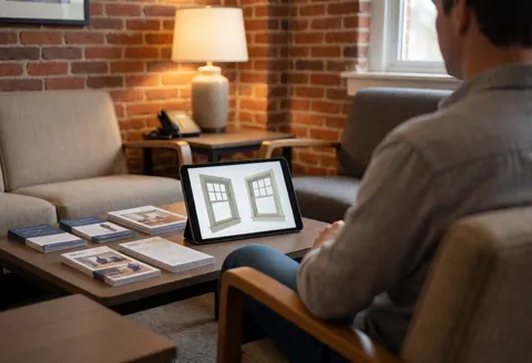 Cliente assise dans une salle d'attente avec un mur en briques, consultant un rendu 3D de fenêtres sur une tablette et des brochures posées sur une table.