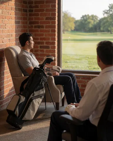 Cliente assise dans un fauteuil avec un sac de golf, observant le terrain de golf depuis une fenêtre avec mur en briques et lumière naturelle.