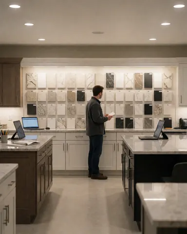Un client observe des échantillons de marbre dans un showroom de cuisine moderne avec des meubles et des ordinateurs portables visibles.