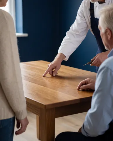 Un menuisier en tablier montre une réparation sur une table en bois tandis qu'un client l'inspecte dans un atelier à mur bleu foncé.