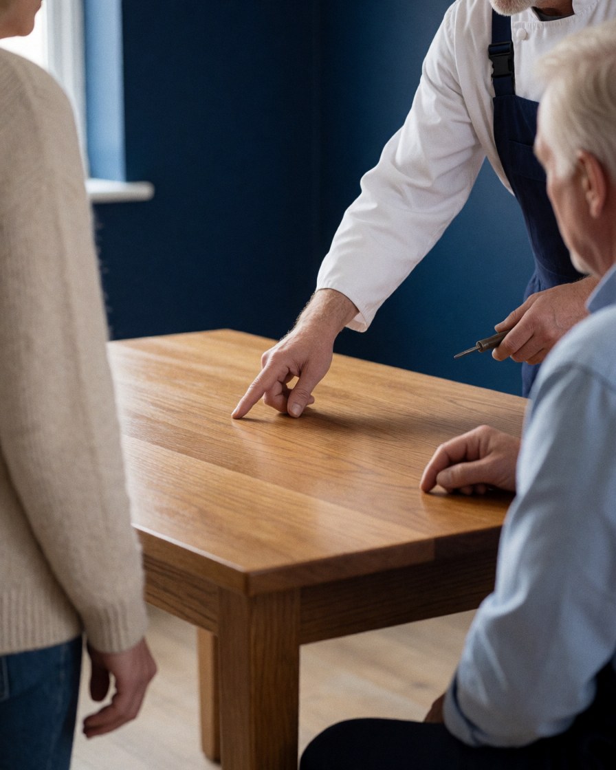 Un menuisier en tablier montre une réparation sur une table en bois tandis qu'un client l'inspecte dans un atelier à mur bleu foncé.