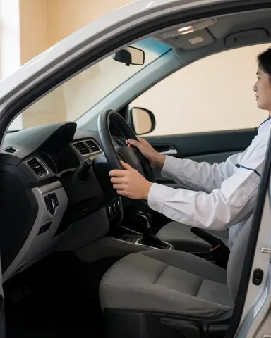 Cliente satisfaite dans un véhicule au volant propre et intérieur impeccable, dans un atelier automobile avec éclairage naturel.
