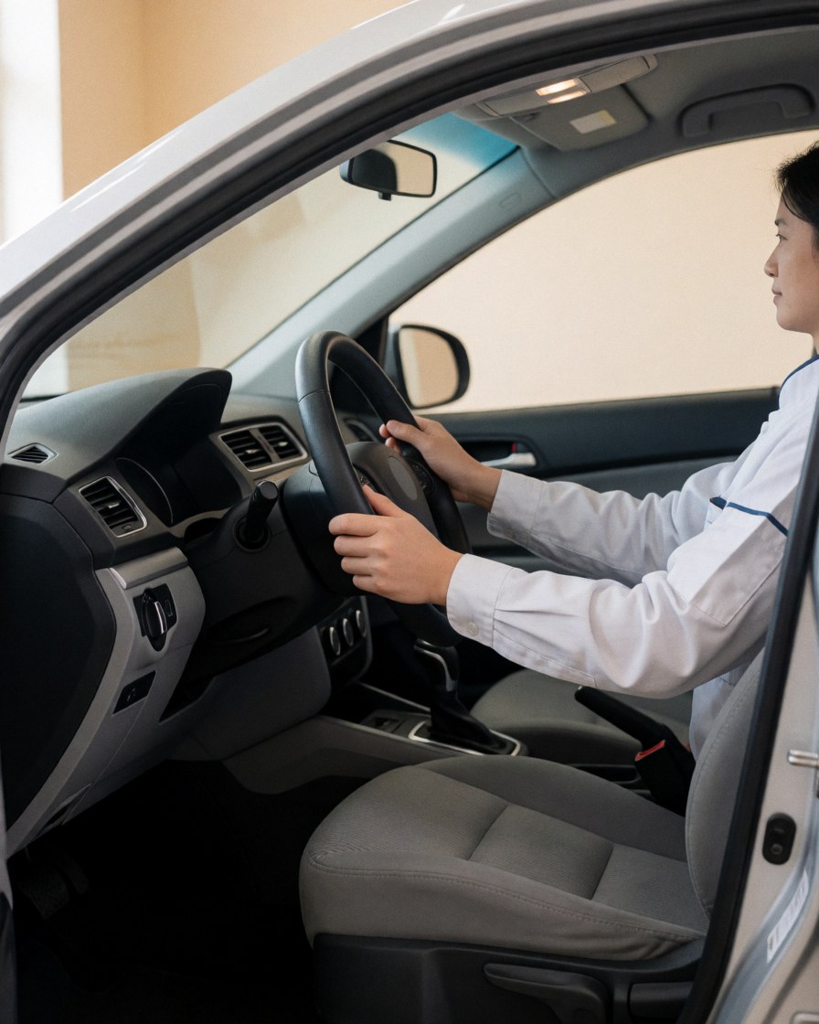 Cliente satisfaite dans un véhicule au volant propre et intérieur impeccable, dans un atelier automobile avec éclairage naturel.