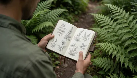 Une personne tenant un carnet de croquis de plantes dans un parc écologique entouré de fougères vertes, idéal pour une page d'accueil de site web.