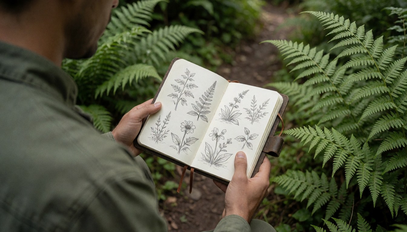 Une personne tenant un carnet de croquis de plantes dans un parc écologique entouré de fougères vertes, idéal pour une page d'accueil de site web.