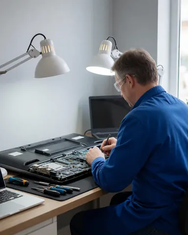 Technicien portant des lunettes de sécurité réparant la carte mère d'une télévision dans un atelier bien éclairé avec des outils.