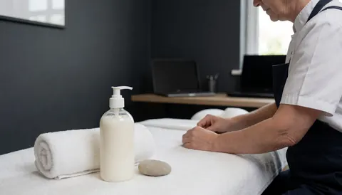 Bouteille de lotion, serviette et pierre chaude posées sur une table de massage dans un salon aux murs gris.