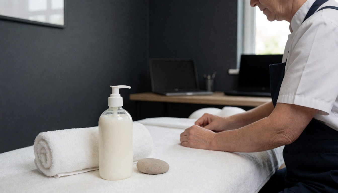 Bouteille de lotion, serviette et pierre chaude posées sur une table de massage dans un salon aux murs gris.