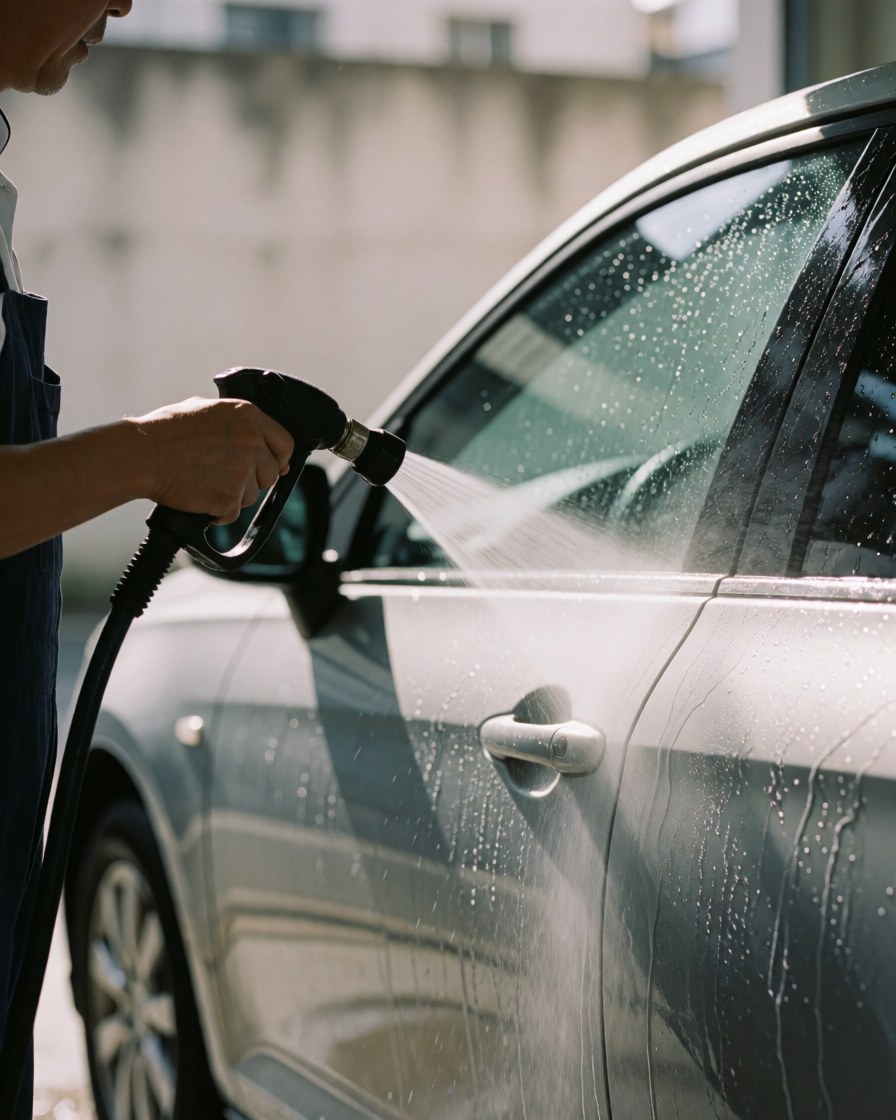 Un individu utilise un jet d'eau pour laver une voiture argentée dans un atelier urbain, mettant en évidence l'outil de lavage et l'impact de l'eau sur la carrosserie.