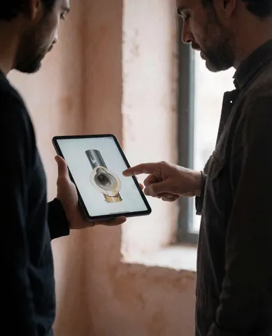 Un technicien et un client examinent ensemble la réparation de tuyauterie à l'aide d'une tablette dans un intérieur aux murs clairs et à la lumière naturelle.