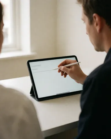 Un professionnel utilise un stylet pour indiquer un écran numérique sur une table de travail, illustrant un service client dans un espace moderne et lumineux.