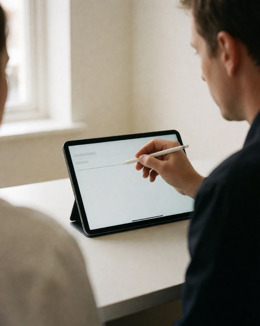 Un professionnel utilise un stylet pour indiquer un écran numérique sur une table de travail, illustrant un service client dans un espace moderne et lumineux.