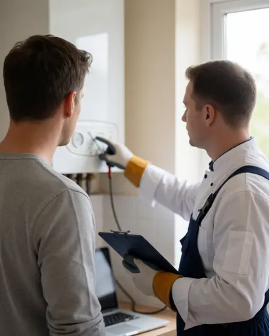 Un technicien en gants examine un thermomètre sur une chaudière pendant qu'un client observe, dans un intérieur lumineux aux murs blancs.