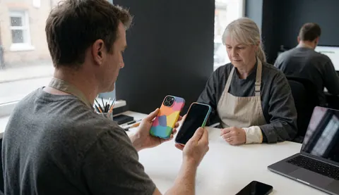 Une technicienne en tablier présente un smartphone réparé avec une coque colorée à un client sur une table de travail moderne.