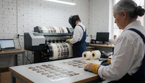 Deux ouvriers en gants manipulent des feuilles d'étiquettes devant une grande imprimante industrielle dans un atelier aux murs de briques blanches.