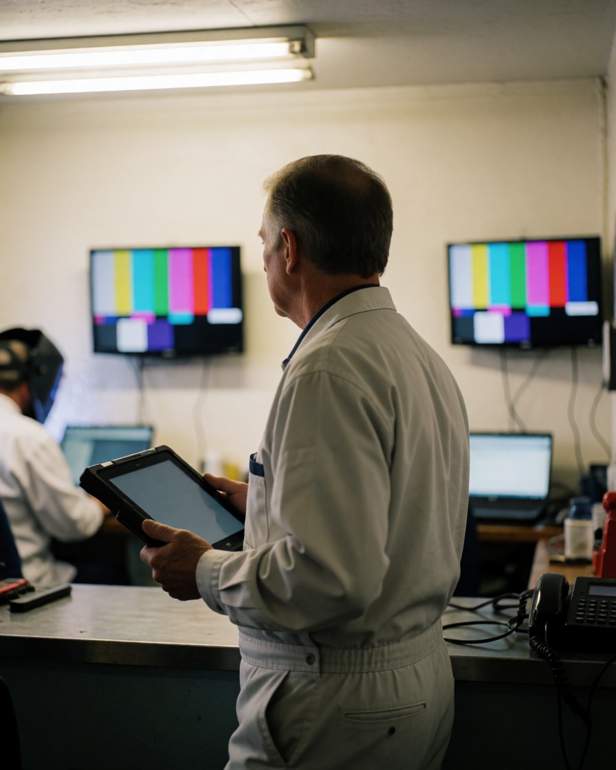 Technicien de réparation de télévision examinant deux écrans affichant des motifs de test dans un atelier bien éclairé.