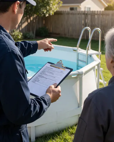 Installateur de piscine avec un classeur explique les détails à un client devant une piscine surélevée avec des garde-corps en acier inoxydable dans un jardin.