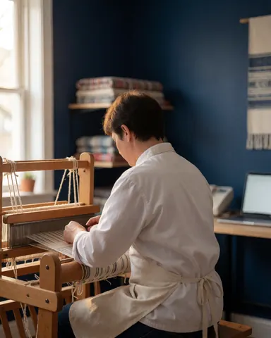 Artisan travaillant sur un métier à tisser en bois, éclairé par la lumière naturelle, avec des murs bleus et des tissus terminés sur une étagère dans un atelier d'artisanat.