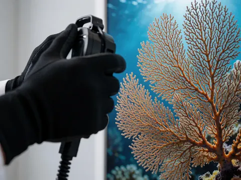 Main gantée de noir tenant un appareil photo sous-marin devant un corail orange en eau bleue, idéal pour un photographe sous-marin.