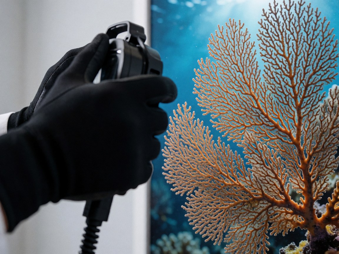 Main gantée de noir tenant un appareil photo sous-marin devant un corail orange en eau bleue, idéal pour un photographe sous-marin.