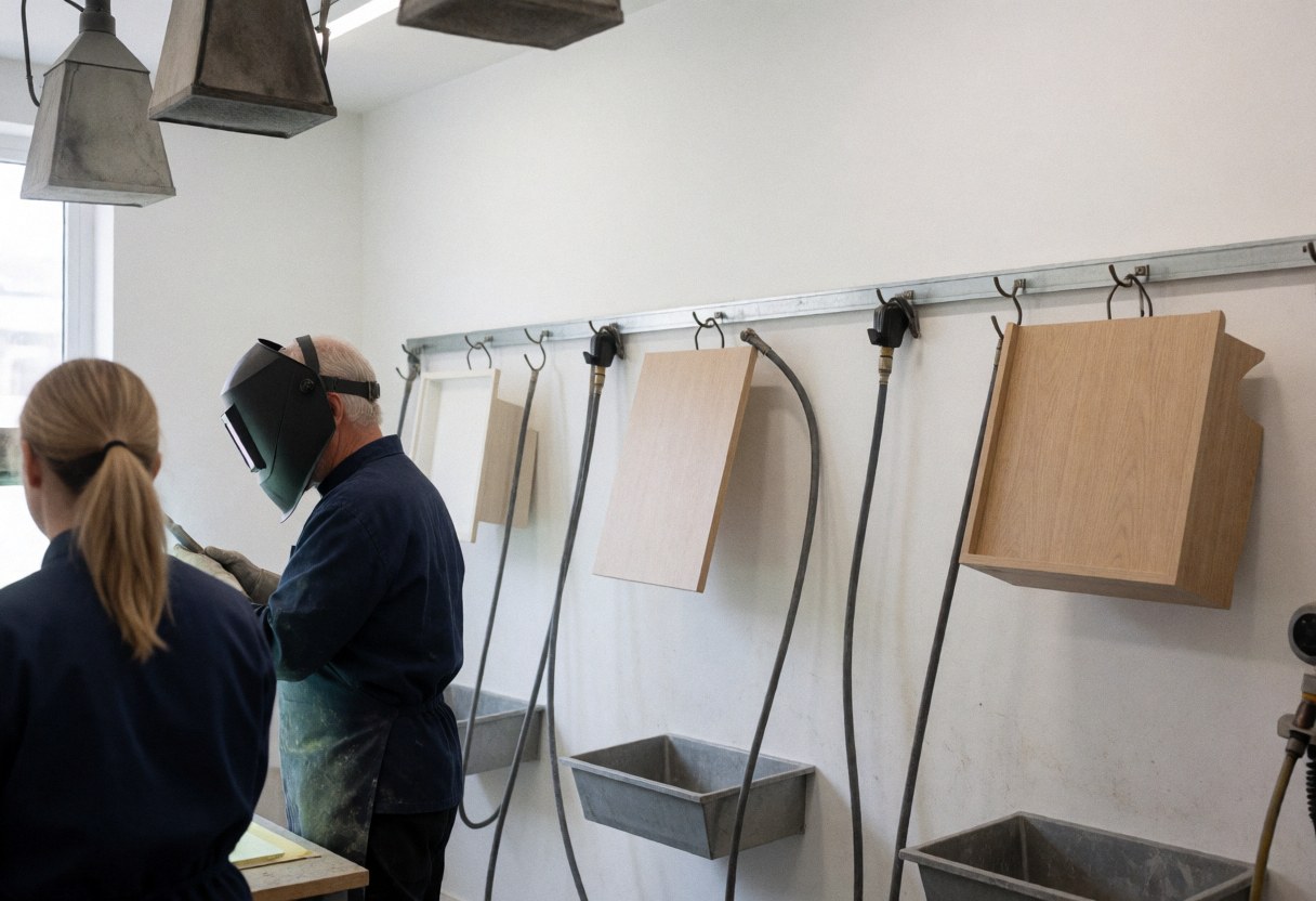 Deux ouvriers en tenue de protection restaurent des meubles suspendus dans un atelier aux murs blancs et aux caisses métalliques.