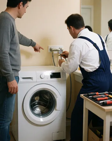 Plombier en tenue de travail ajuste un manomètre sur la tuyauterie d'une laveuse blanche. Un client indique du doigt tandis que des outils sont posés sur une table dans une salle de bain propre.