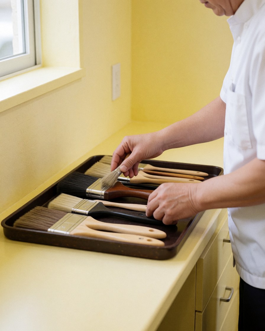 Un peintre range des pinceaux dans un plateau noir sur une table jaune dans un atelier aux murs jaunes, illustrant l'équipe de travail d'un professionnel.