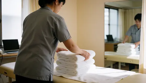 Fisioterapeuta de dos organizant des serviettes blanches sur une table de traitement dans une pièce avec un miroir et de la lumière naturelle.
