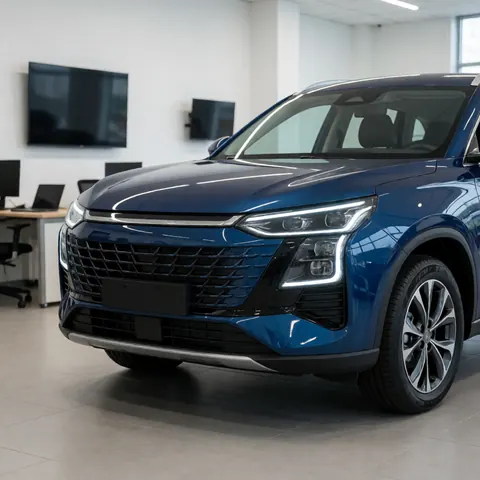 SUV bleu avec une calandre distinctive et des phares LED, exposé dans un showroom au sol gris clair, idéal pour la vente de véhicules.