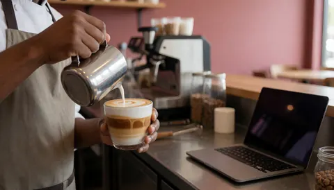 Barista portant un tablier servant un café avec art latte dans un établissement doté d'un mur rose et d'une machine à café.