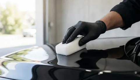 Une main portant un gant noir applique de la mousse blanche sur la capote d'une voiture noire brillante sous une lumière naturelle.