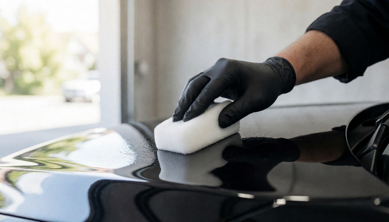 Une main portant un gant noir applique de la mousse blanche sur la capote d'une voiture noire brillante sous une lumière naturelle.
