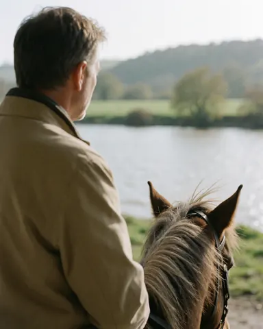 Un homme adulte chevauche un cheval au bord d'une rivière avec des montagnes verdoyantes en arrière-plan, idéal pour un hébergement rural.