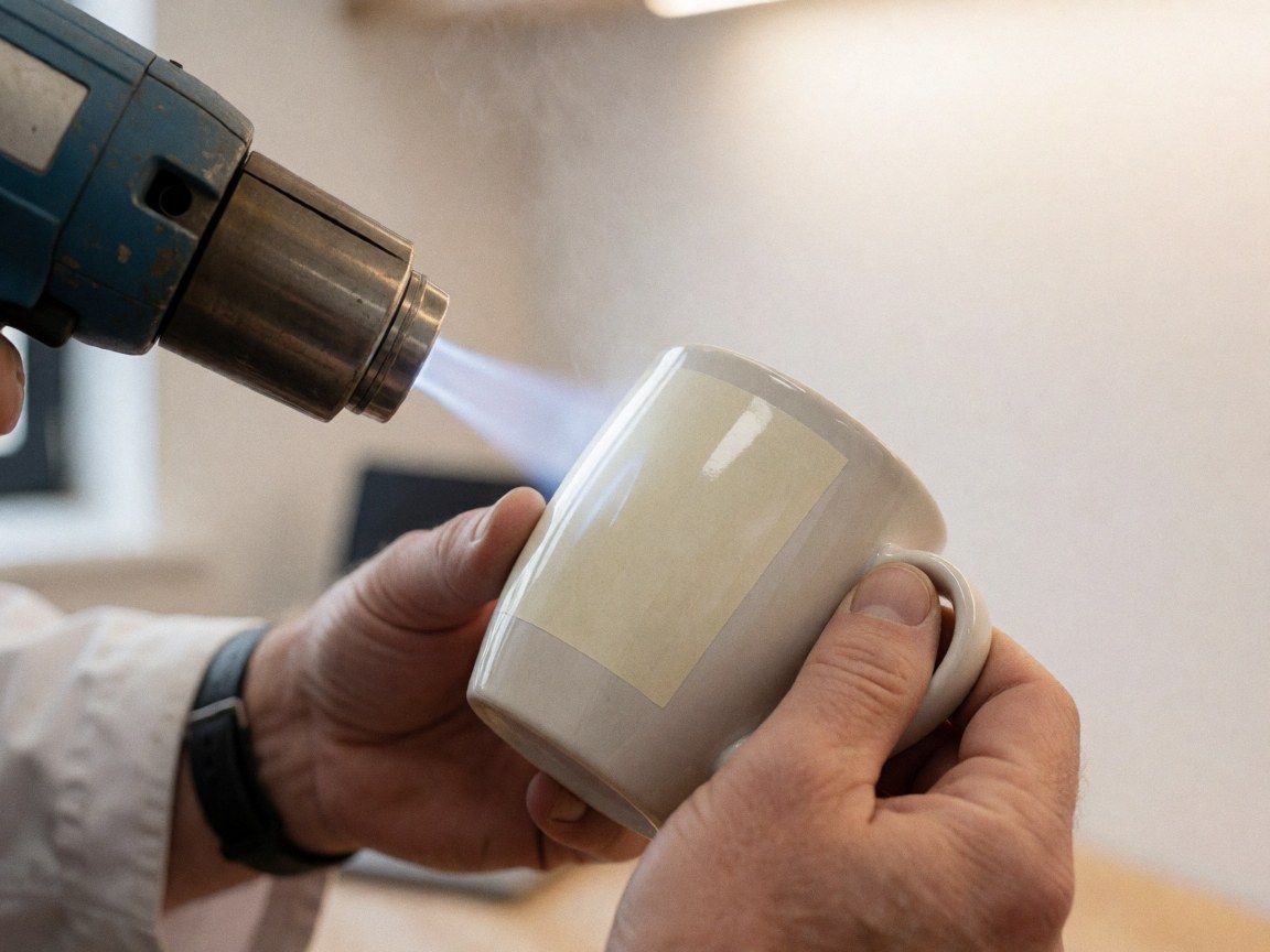 Mains appliquant un vinyle sur une tasse blanche dans un atelier de textile, avec un pistolet à chaleur et un fond flou.
