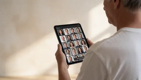 Un photographe examine une galerie de portraits sur une tablette dans un studio lumineux à fond blanc.