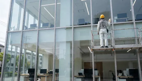 Un ouvrier en équipement de sécurité nettoie une baie vitrée d'un bâtiment moderne, illustrant un service de nettoyage professionnel en cours.
