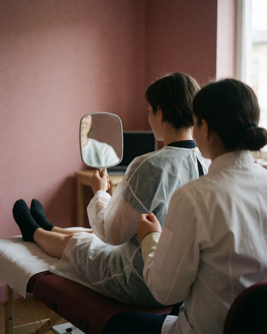 Une cliente souriante observe son bras lisse dans un miroir après un traitement, accompagnée d'un professionnel dans un salon aux murs roses.