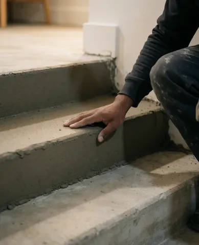 Main d'un client touchant un marchepied en béton nivelé pour vérifier la qualité de la réparation intérieure.