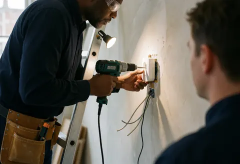 Un technicien équipé de lunettes de sécurité fixe un détecteur de mouvement sur un mur blanc avec des câbles apparents tandis qu'un client observe l'intervention en cours.