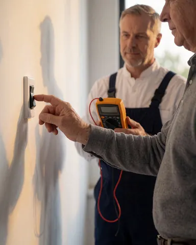 Un électricien vérifie un circuit avec un multimètre pendant qu'un client appuie sur un interrupteur mural blanc éclairé par la lumière naturelle.