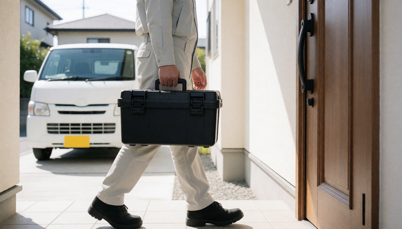 Technicien marchant vers la porte d'une maison avec une camionnette blanche en arrière-plan, prêt à réparer des cuisinières.