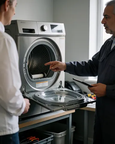 Un technicien de réparation montre à un client des rouleaux neufs installés dans un atelier bien éclairé par la lumière naturelle.
