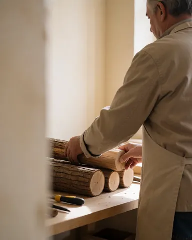 Une cliente portant un tablier sélectionne des bûches de noyer dans un atelier de menuiserie éclairé par la lumière naturelle avec des murs beige et des outils visibles.