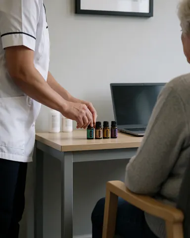 Un thérapeute en uniforme prépare des huiles essentielles sur une table en bois dans un centre de soins gériatriques, face à un client âgé assis.