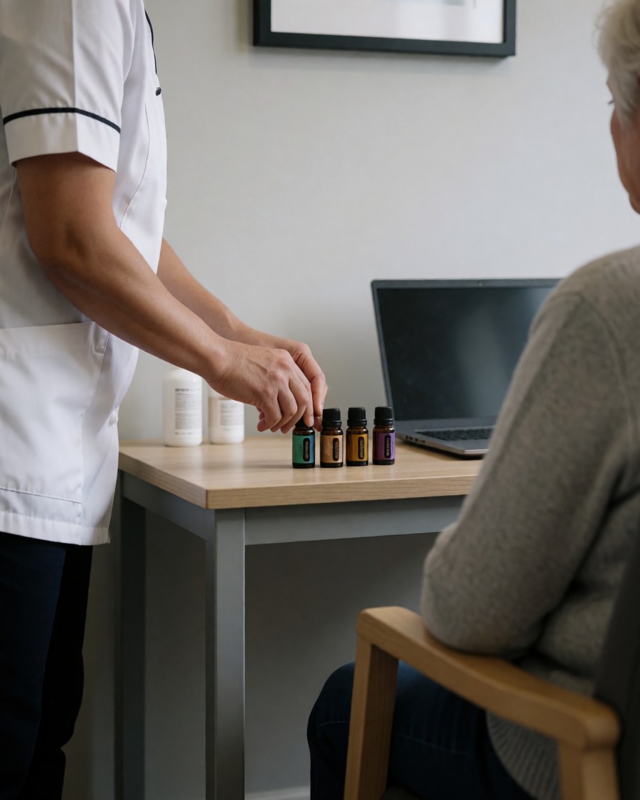 Un thérapeute en uniforme prépare des huiles essentielles sur une table en bois dans un centre de soins gériatriques, face à un client âgé assis.