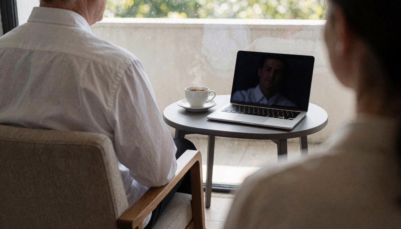 Une cliente est assise sur le balcon d'un apart-hôtel, profitant de la vue extérieure avec son ordinateur portable et une tasse de café.
