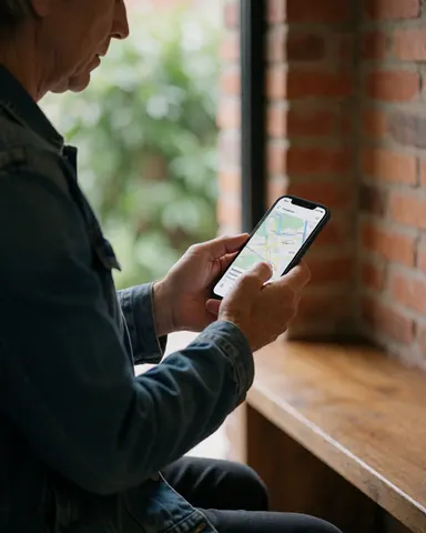 Adulte consulte une carte sur son téléphone portable assis sur un banc en bois près d'un mur de briques dans une auberge de jeunesse.