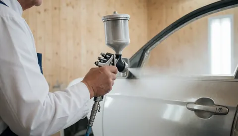 Un peintre professionnel utilise un pistolet HVLP pour peindre une voiture dans un atelier. De la peinture en spray est visible dans l'air, avec des murs en bois clair en arrière-plan.