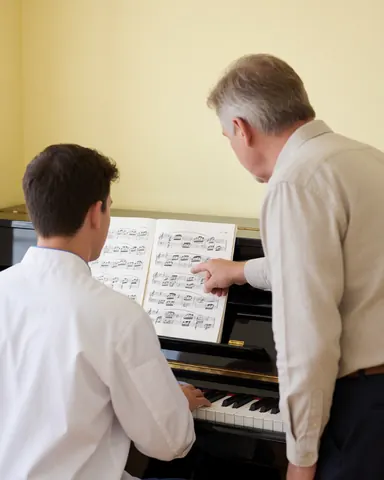 Un professeur de piano ajuste une partition sur un piano à queue dans une salle aux murs jaunes clairs, lors d'un cours de musique.